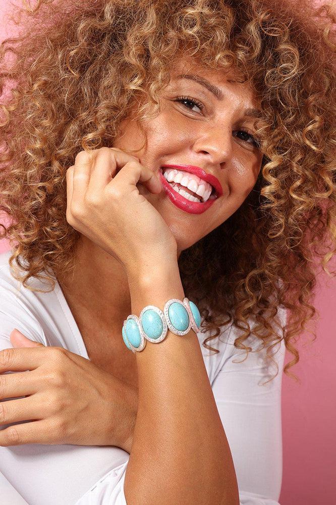 Silver Framed Large Oval Turquoise Beads Bracelet-SinglePrice