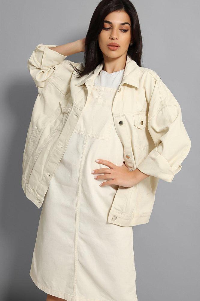 Cream Fine Denim Midi Pinafore Dress-SinglePrice