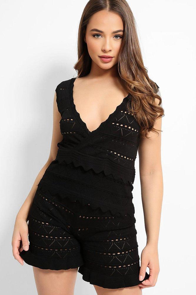 Black Perforated Knit Sleeveless Top Shorts Set-SinglePrice