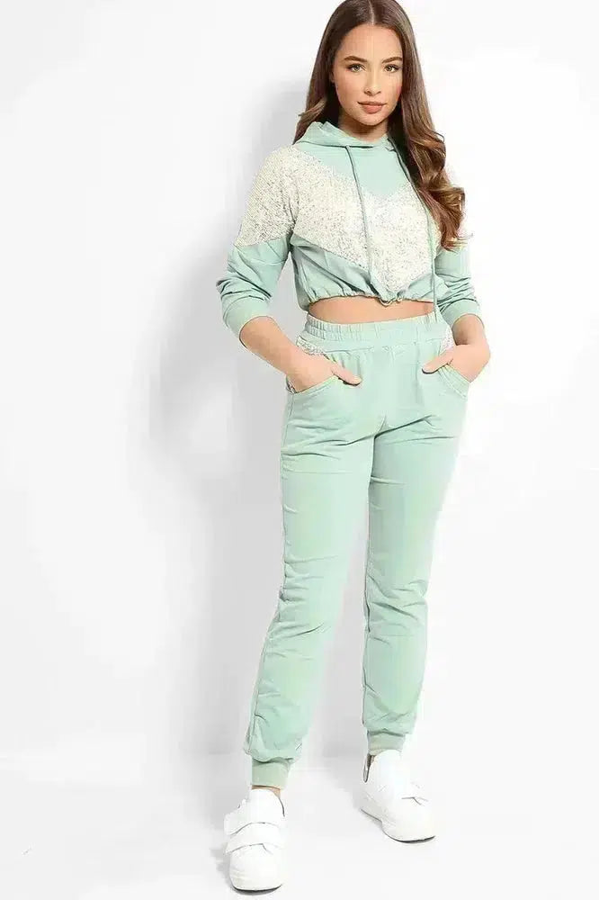Mint Sequined Panel Crop Hoodie And Joggers Set-SinglePrice