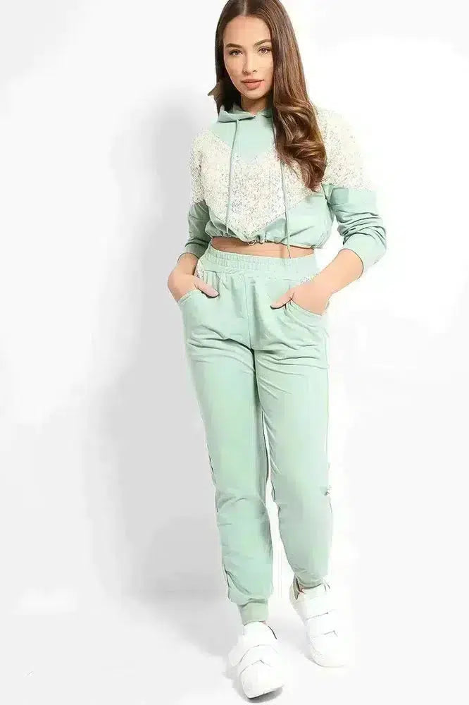 Mint Sequined Panel Crop Hoodie And Joggers Set-SinglePrice