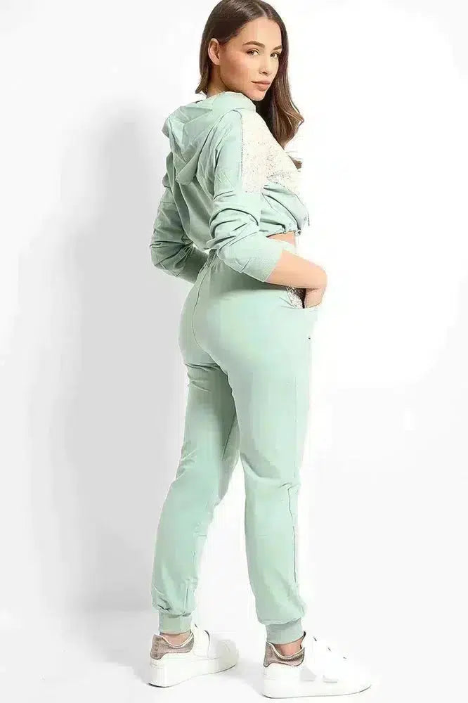 Mint Sequined Panel Crop Hoodie And Joggers Set-SinglePrice
