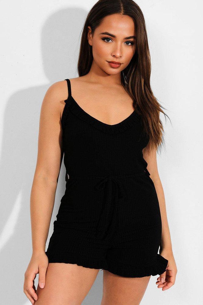 Black Frill Trims Ribbed Cami Playsuit-SinglePrice