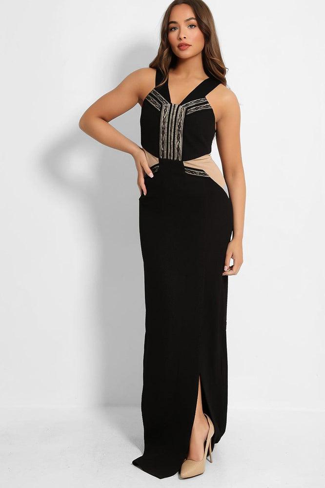 Black Nude Illusion Waist Maxi Dress-SinglePrice