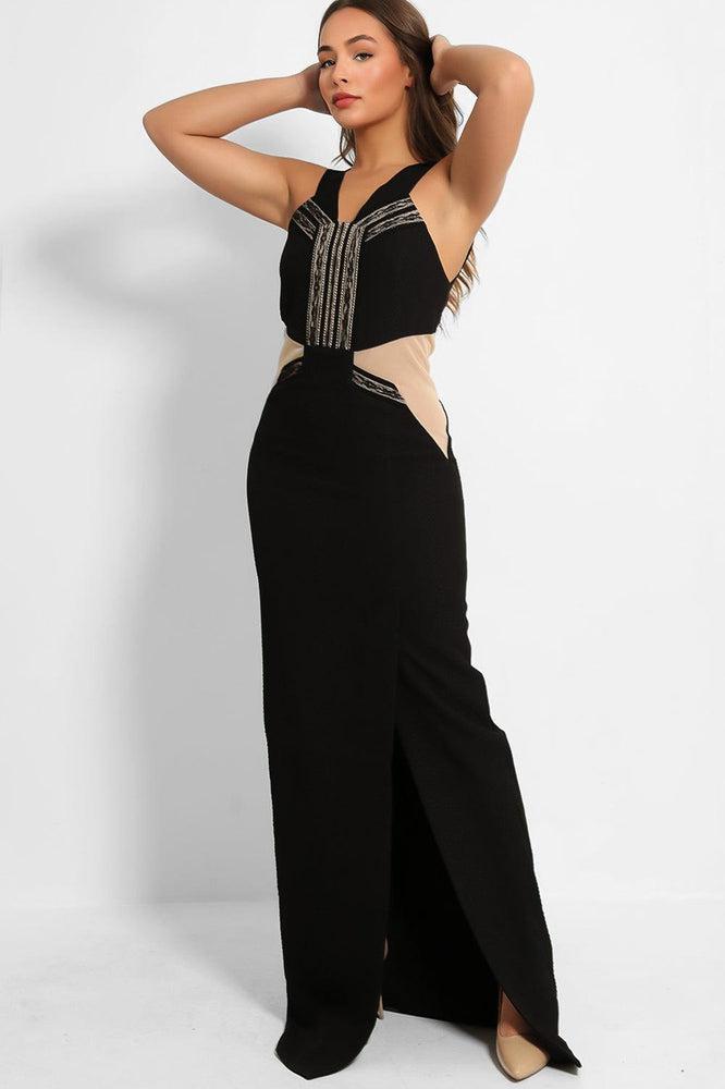 Black Nude Illusion Waist Maxi Dress-SinglePrice