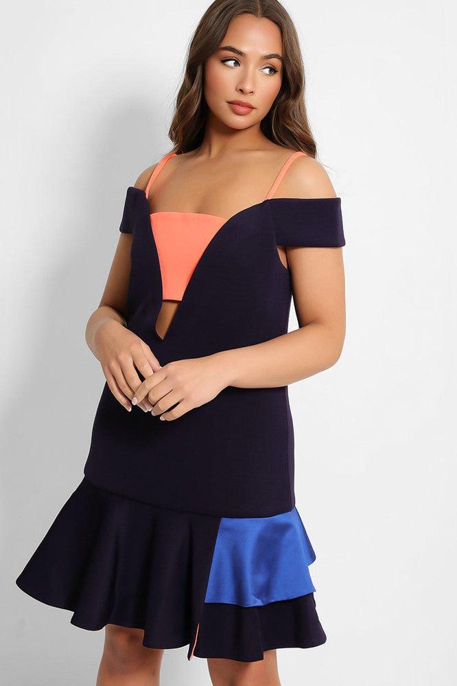 Navy Coral Frill Trims Structured Dress-SinglePrice