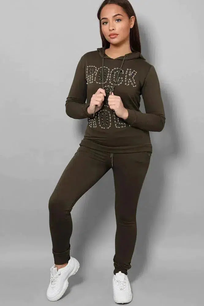 Khaki Beaded Slogan Front Hooded 2 Piece Tracksuit-SinglePrice
