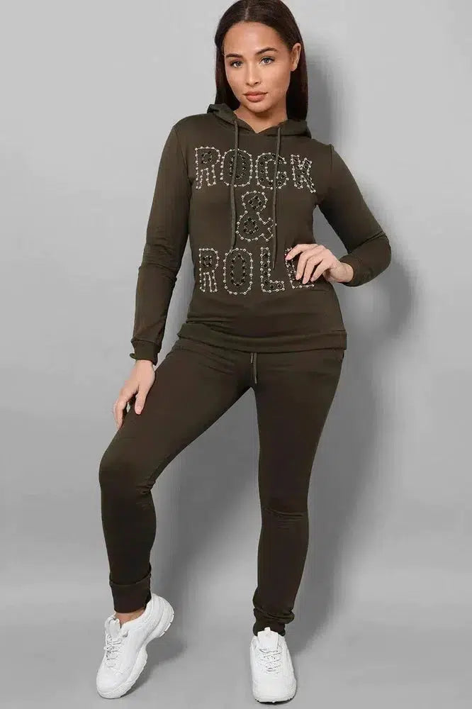 Khaki Beaded Slogan Front Hooded 2 Piece Tracksuit-SinglePrice