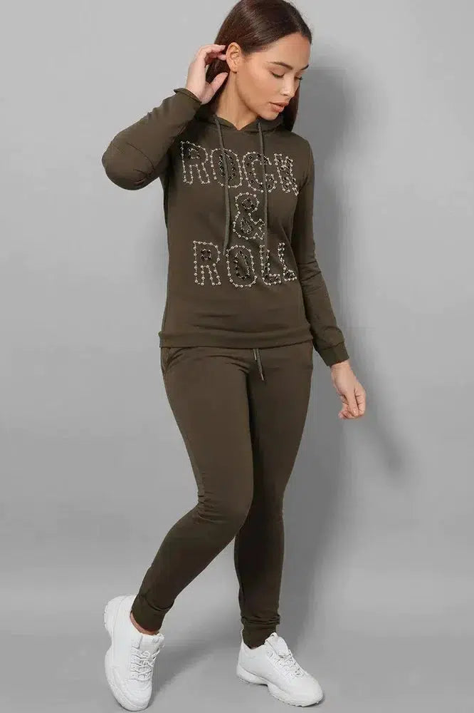 Khaki Beaded Slogan Front Hooded 2 Piece Tracksuit-SinglePrice