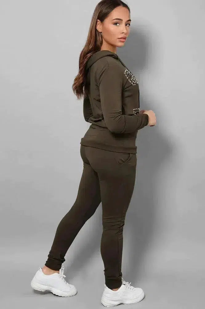 Khaki Beaded Slogan Front Hooded 2 Piece Tracksuit-SinglePrice