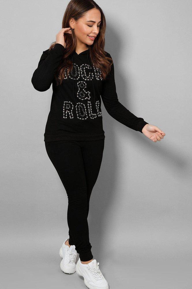 Black Beaded Slogan Front Hooded 2 Piece Tracksuit-SinglePrice