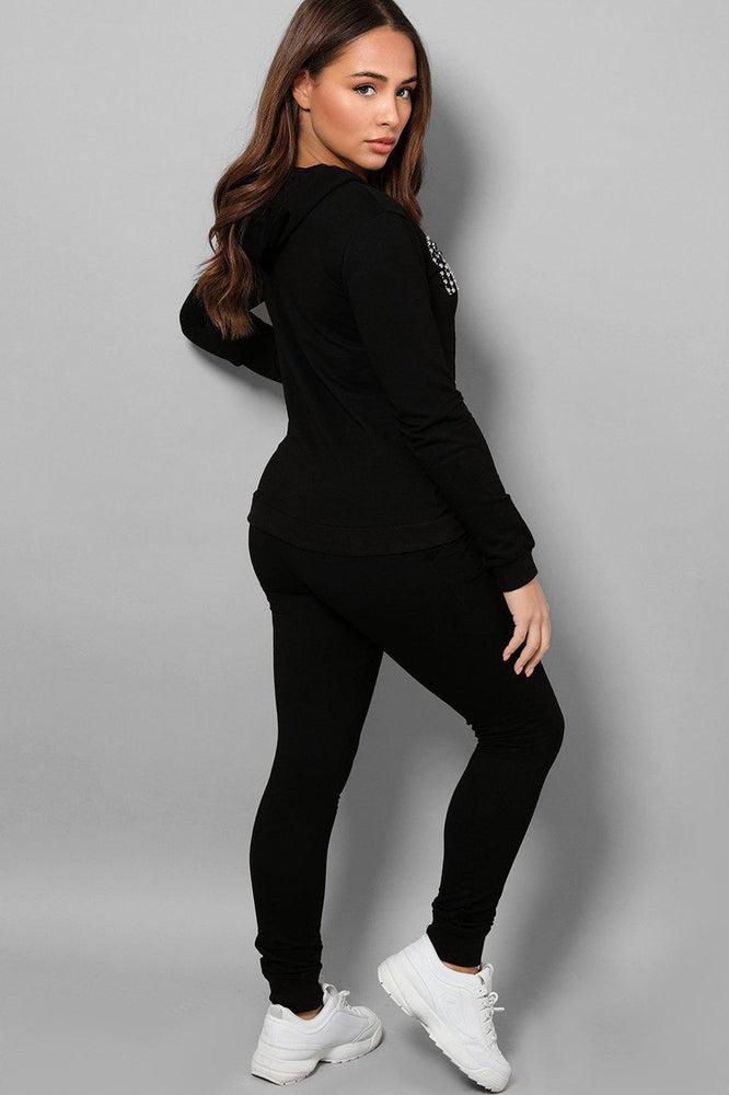 Black Beaded Slogan Front Hooded 2 Piece Tracksuit-SinglePrice