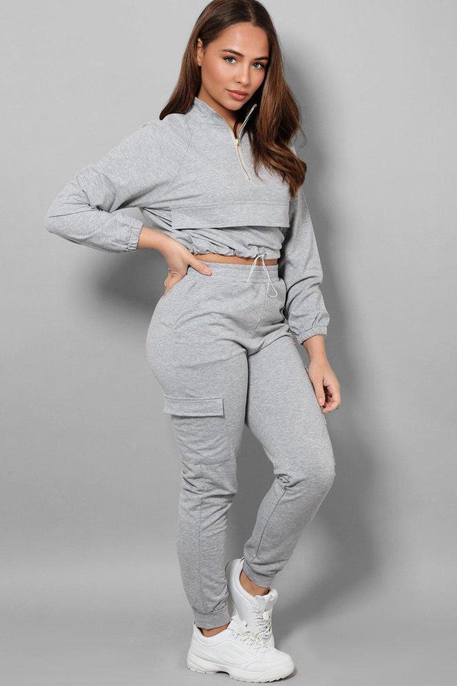 Grey Drawstring Top Cargo Two Piece Tracksuit-SinglePrice