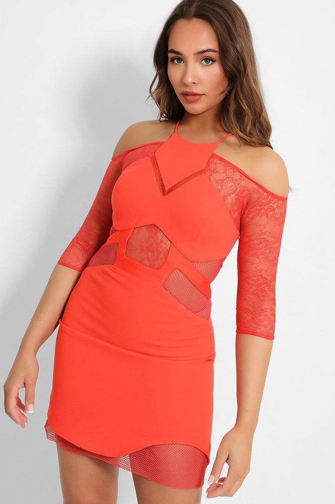 Coral Sheer Mesh Details Bodycon Dress-SinglePrice