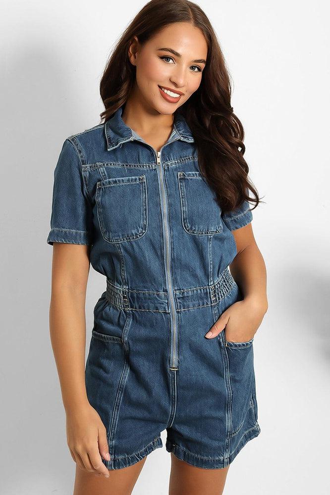 Navy Denim Elastic Waist Zip Up Playsuit-SinglePrice