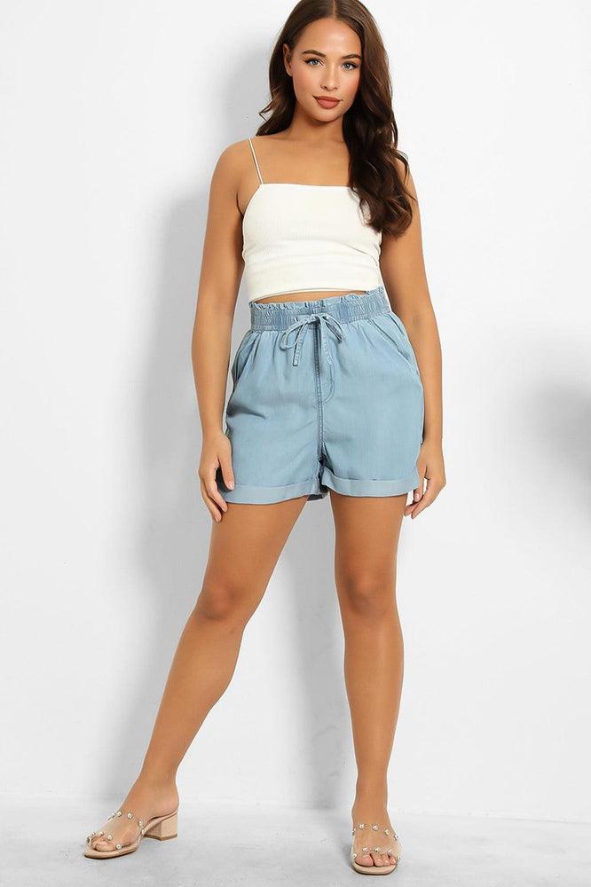 Denim Blue Shirred Waist Summer Shorts-SinglePrice