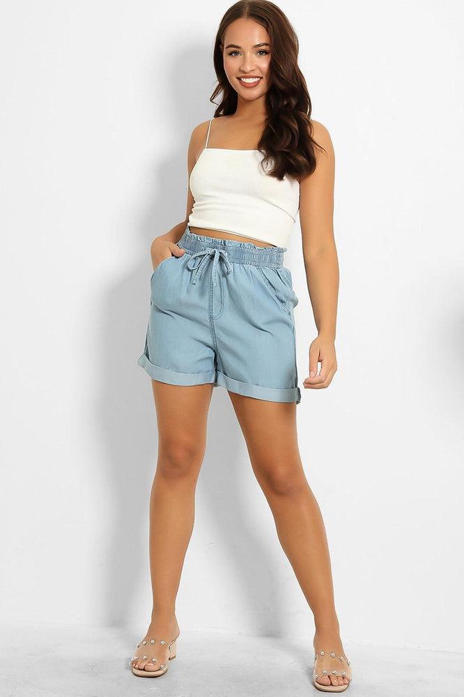 Denim Blue Shirred Waist Summer Shorts-SinglePrice