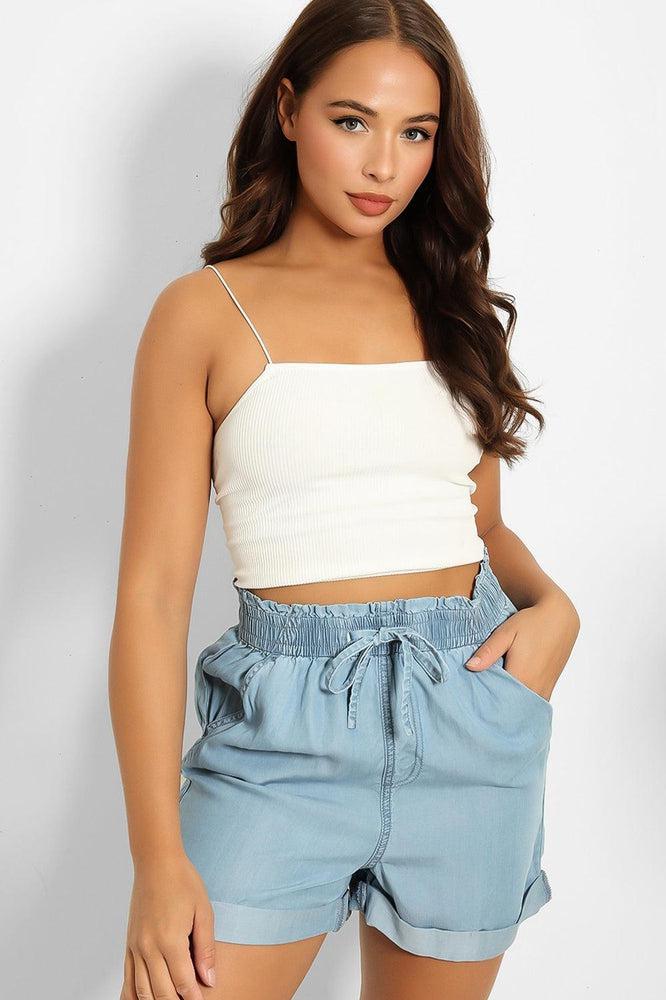 Denim Blue Shirred Waist Summer Shorts-SinglePrice