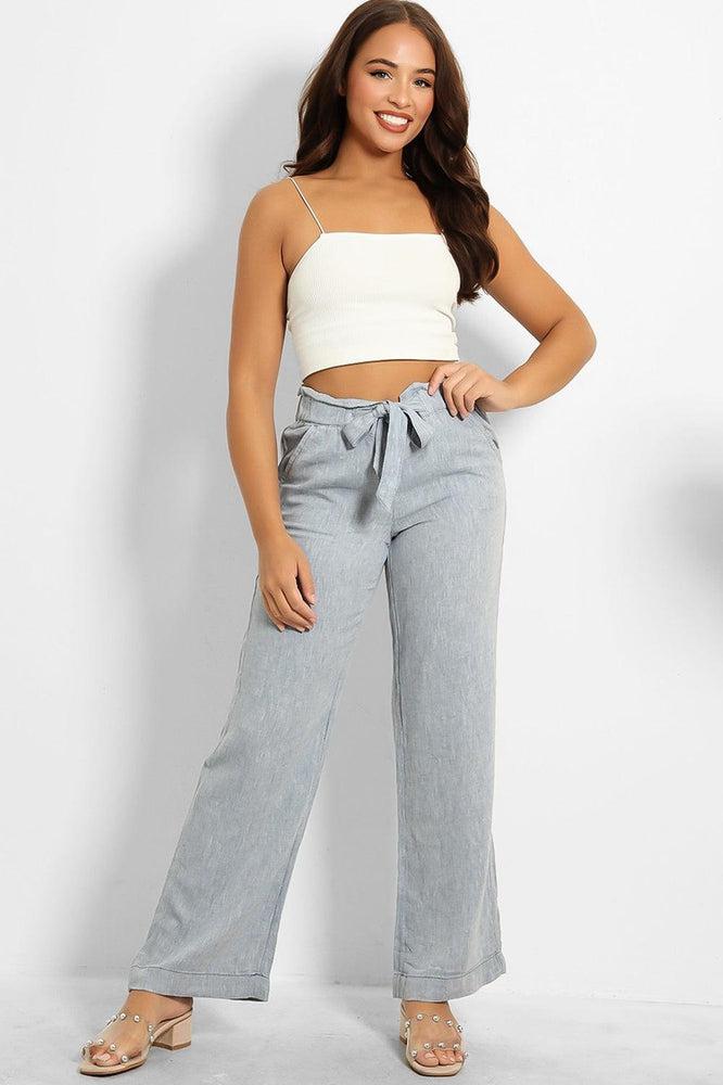 Paper Bag Waist Linen Blend Wide Leg Trousers-SinglePrice