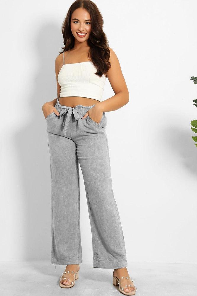 Paper Bag Waist Linen Blend Wide Leg Trousers-SinglePrice