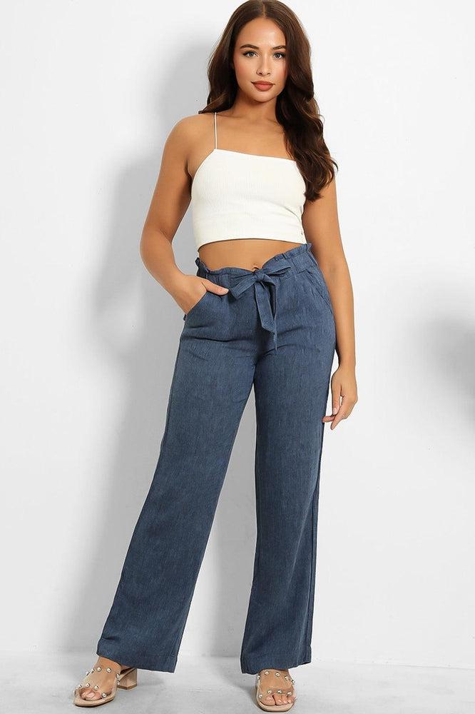 Paper Bag Waist Linen Blend Wide Leg Trousers-SinglePrice