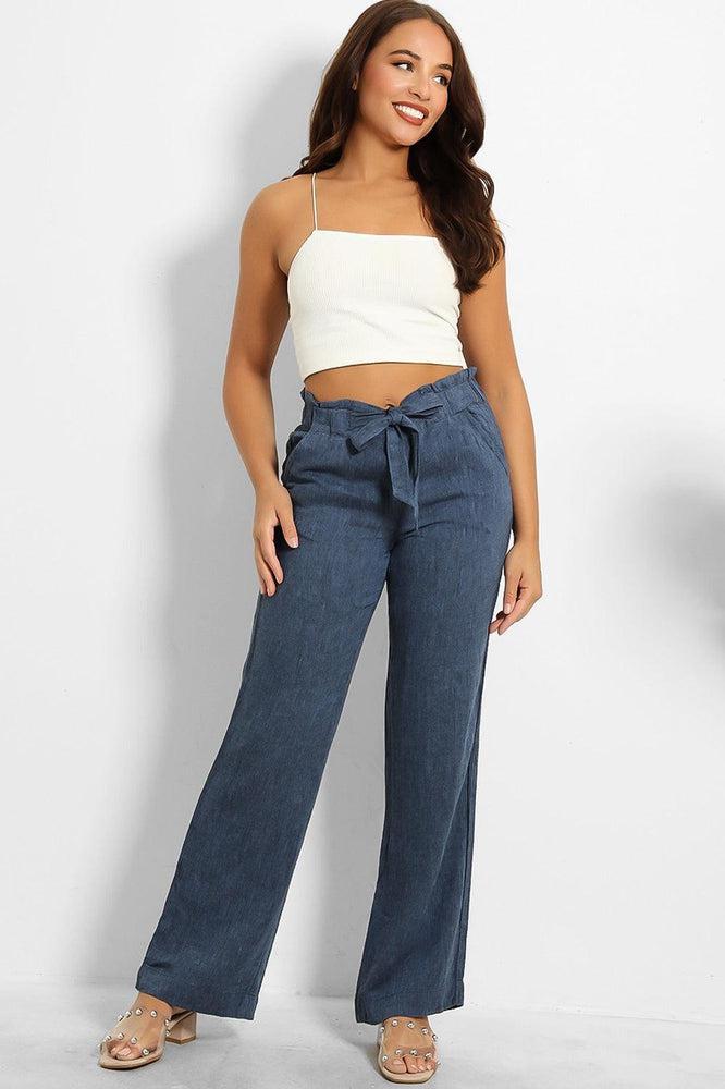Paper Bag Waist Linen Blend Wide Leg Trousers-SinglePrice