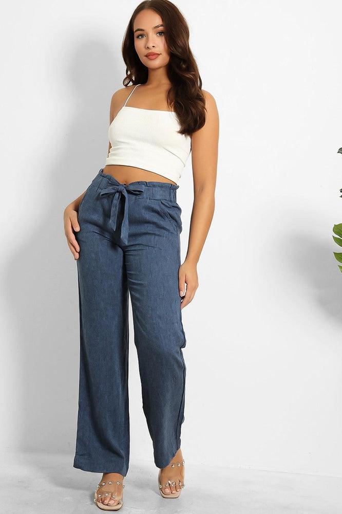 Paper Bag Waist Linen Blend Wide Leg Trousers-SinglePrice