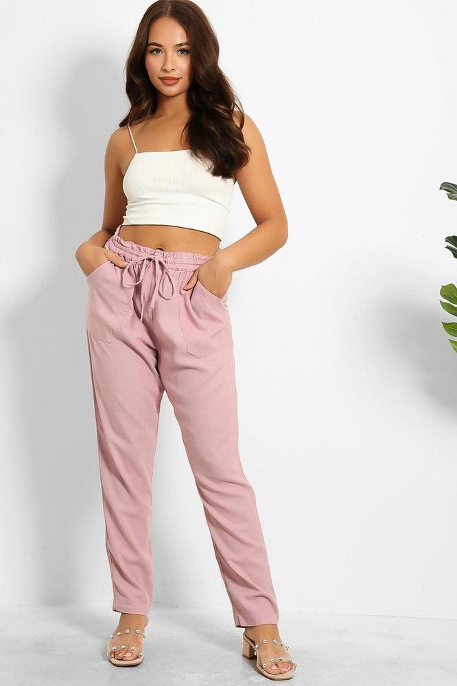 Drawstring Waist Linen Blend Trousers-SinglePrice