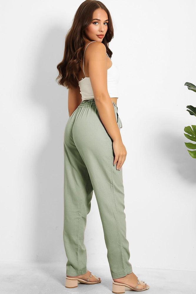 Drawstring Waist Linen Blend Trousers-SinglePrice