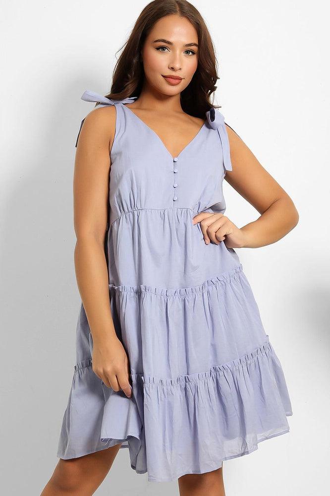 Blue Shoulder Ties Tiered Cotton Sun Dress-SinglePrice