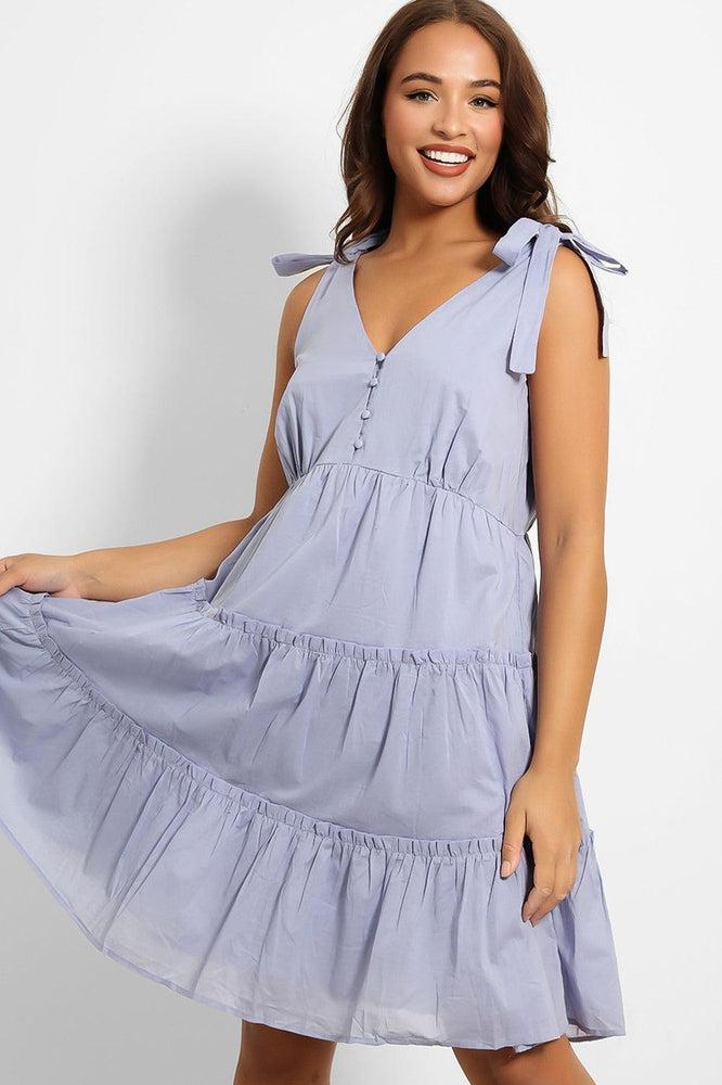 Blue Shoulder Ties Tiered Cotton Sun Dress-SinglePrice