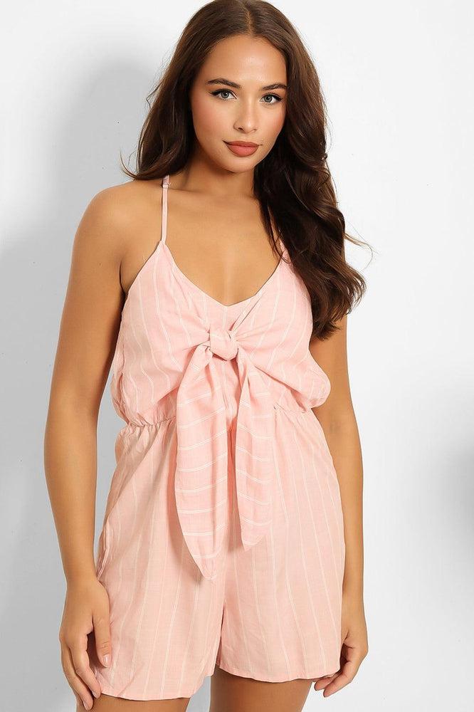 Pink Pinstripe Front Tie Playsuit-SinglePrice