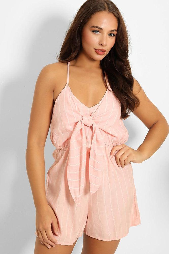 Pink Pinstripe Front Tie Playsuit-SinglePrice