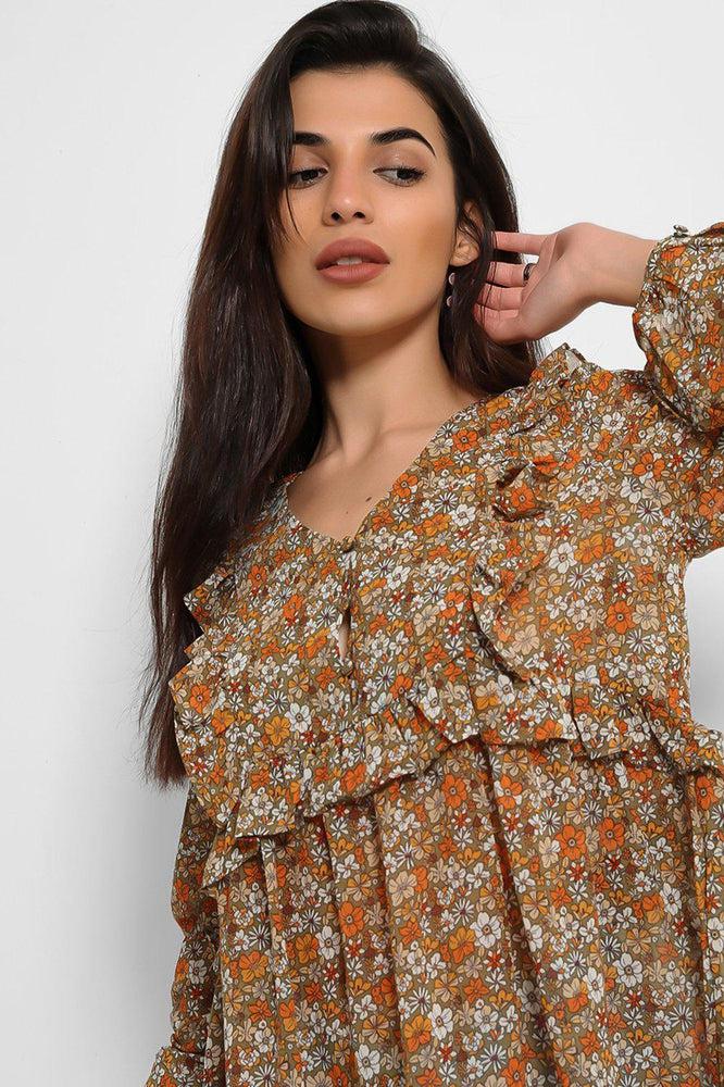 Green Floral Print Frill Details Chiffon Summer Blouse-SinglePrice
