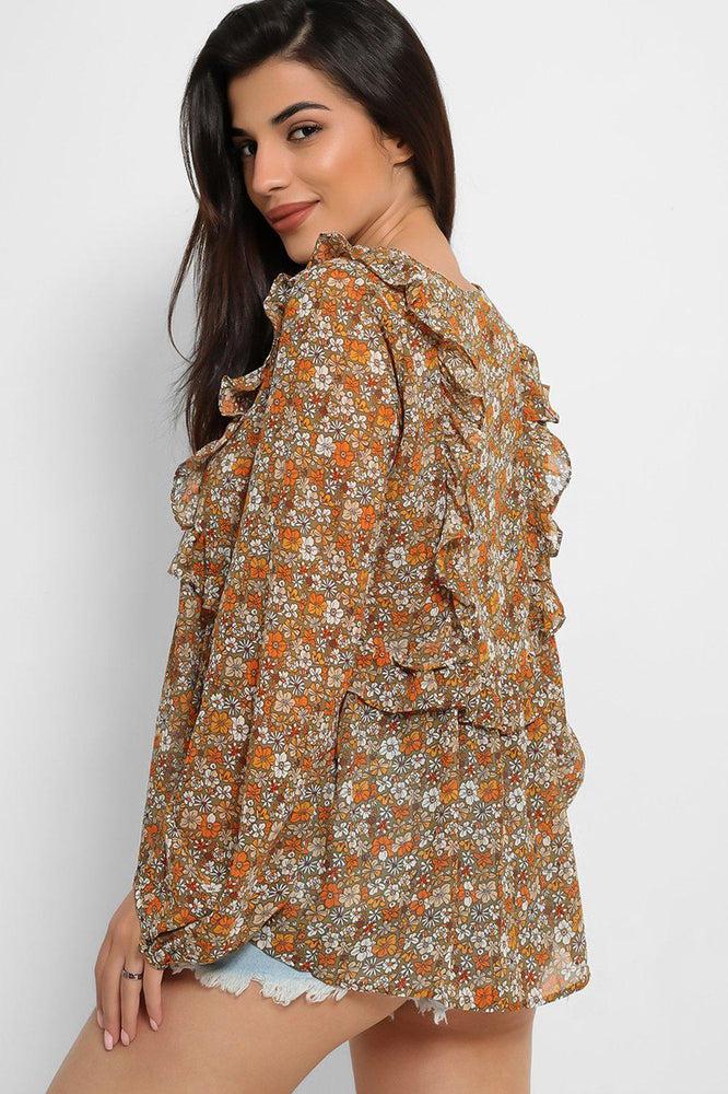 Green Floral Print Frill Details Chiffon Summer Blouse-SinglePrice