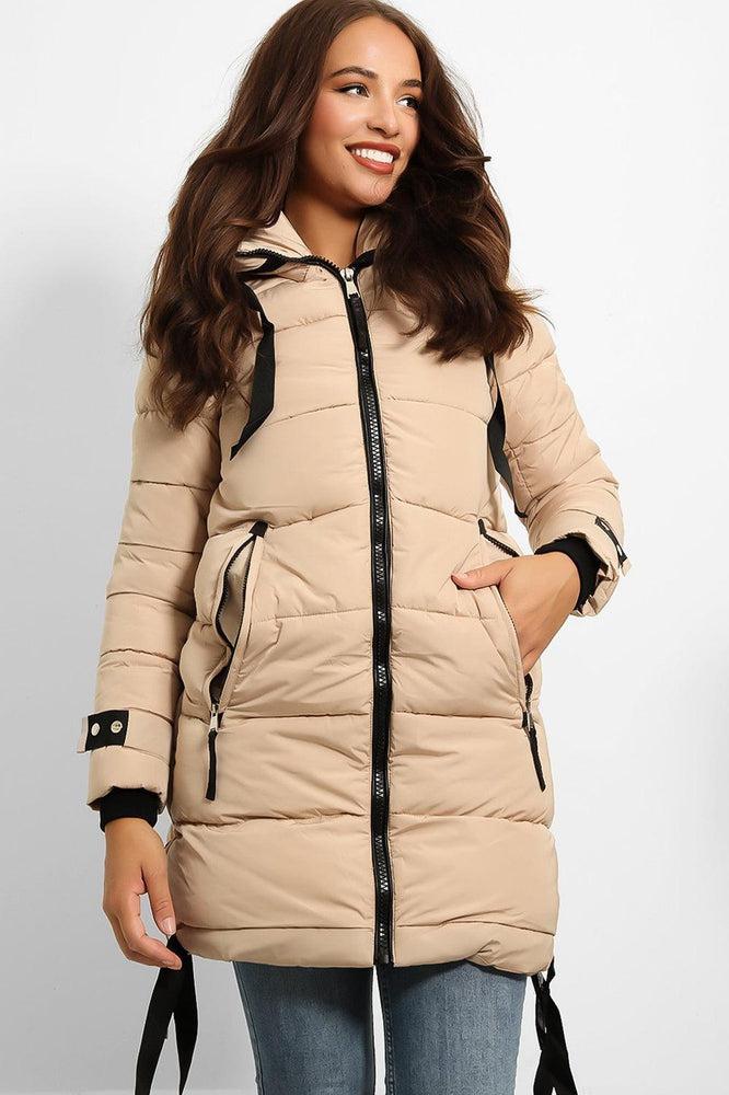 Contrast Black Details Hooded Midi Puffer Jacket-SinglePrice