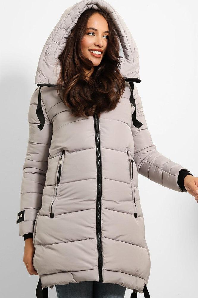 Contrast Black Details Hooded Midi Puffer Jacket-SinglePrice