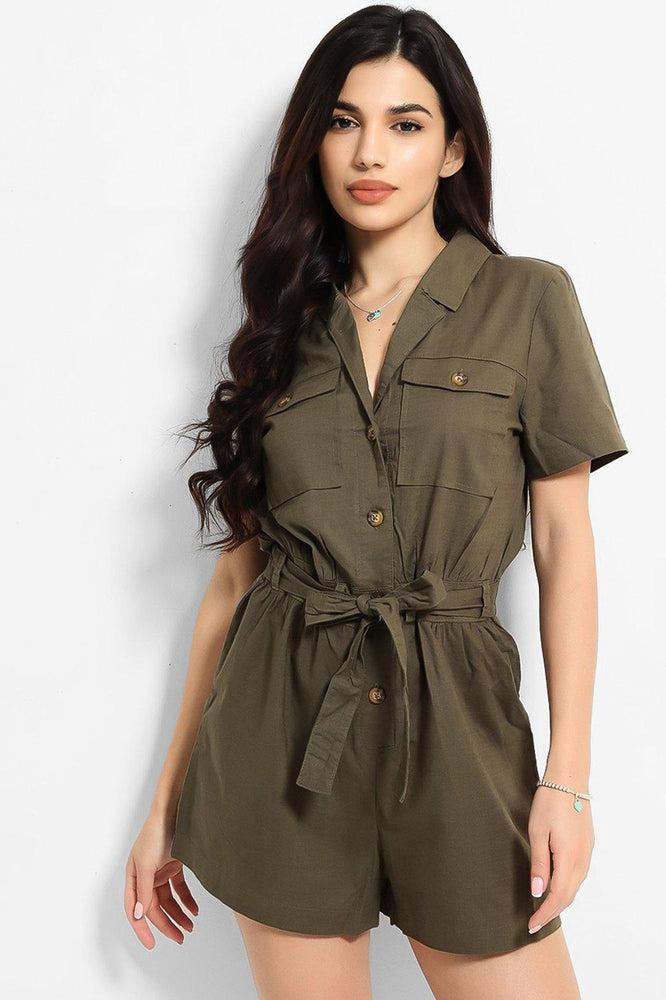 Khaki Thin Denim Button Down Waist Tie Playsuit-SinglePrice