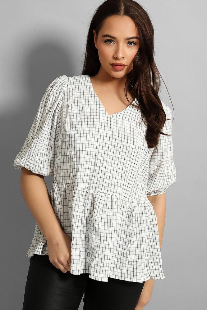 White Window Plane Check Bow Back Peplum Blouse-SinglePrice