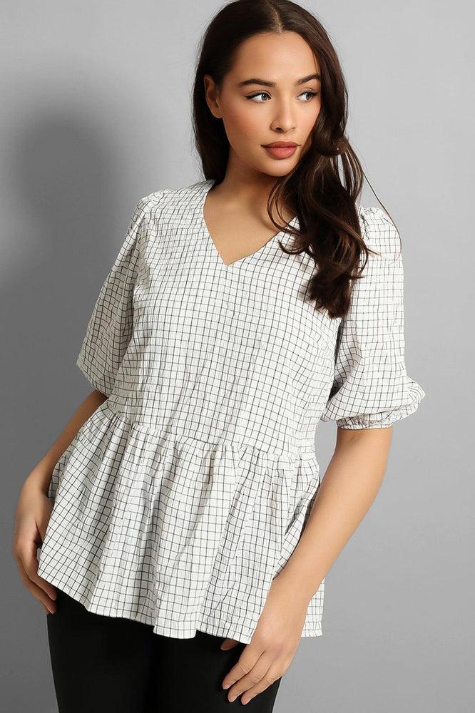 White Window Plane Check Bow Back Peplum Blouse-SinglePrice