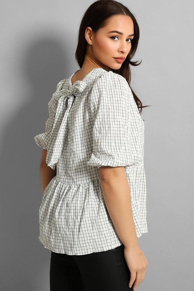 White Window Plane Check Bow Back Peplum Blouse-SinglePrice
