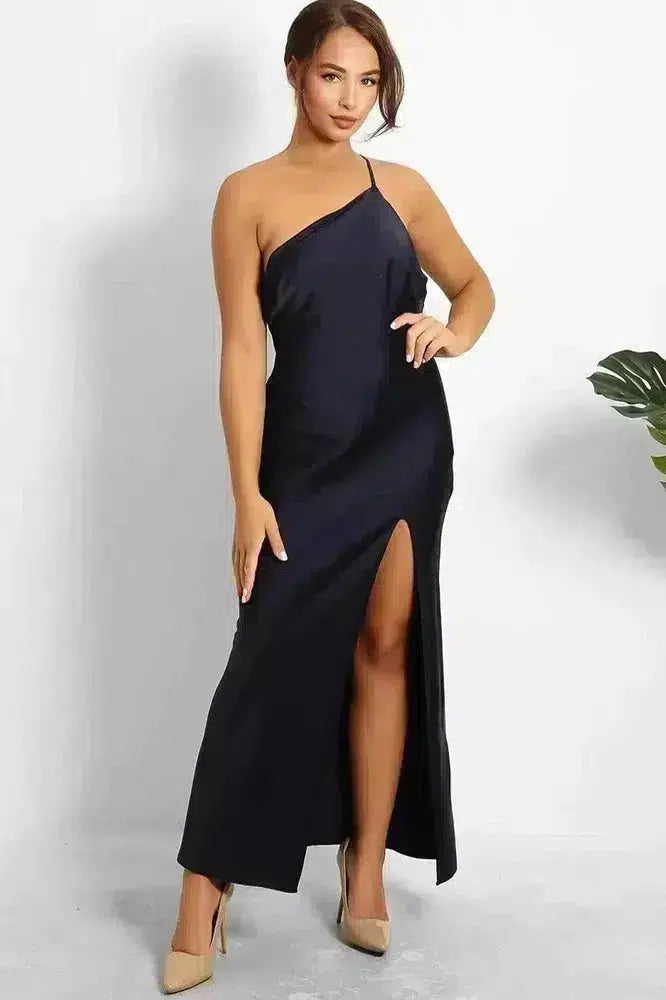 Navy Satin One Shoulder Grecian Dress-SinglePrice