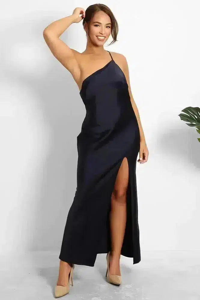Navy Satin One Shoulder Grecian Dress-SinglePrice