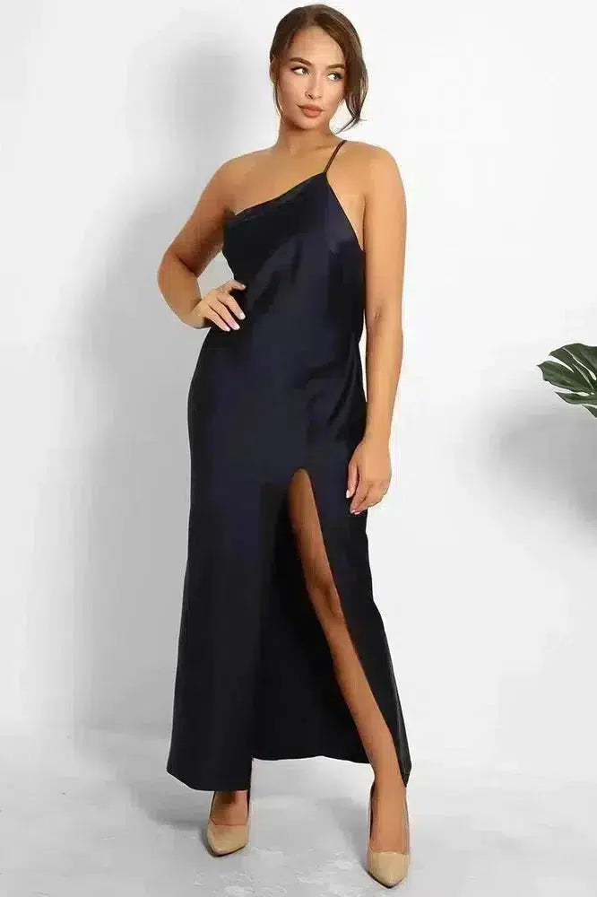 Navy Satin One Shoulder Grecian Dress-SinglePrice