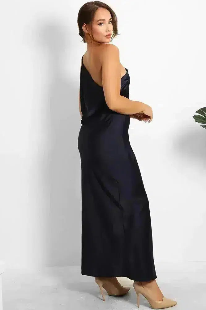 Navy Satin One Shoulder Grecian Dress-SinglePrice