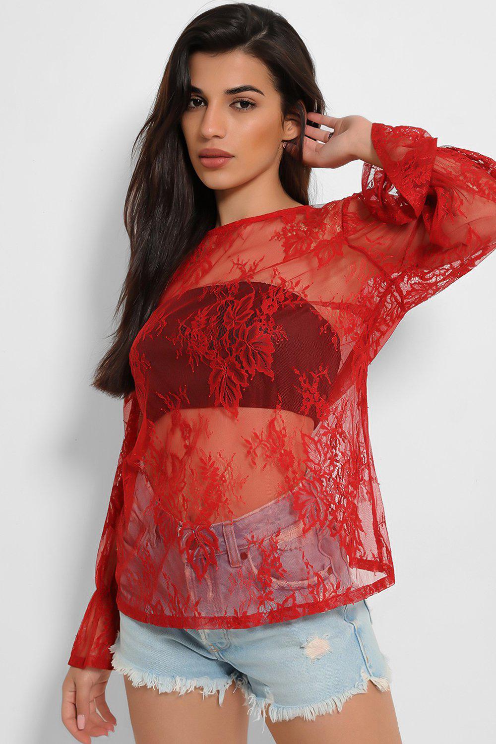 Dark Red Sheer Lace Blouse-SinglePrice