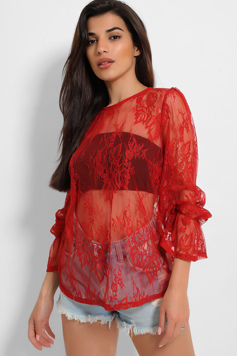 Dark Red Sheer Lace Blouse-SinglePrice