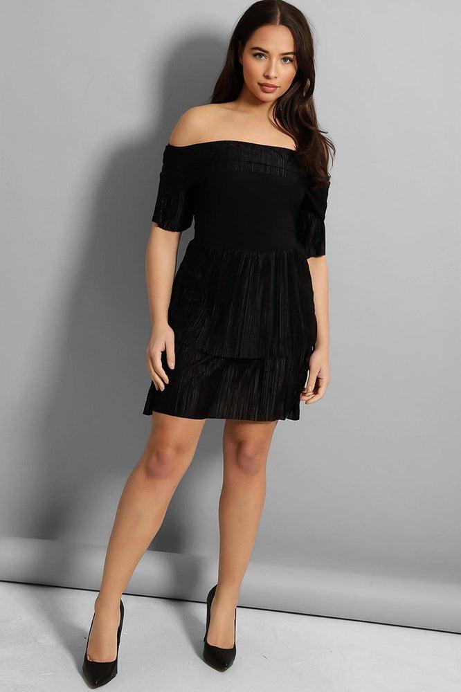 Macro Pleat Frills Off Shoulder Slinky Dress-SinglePrice