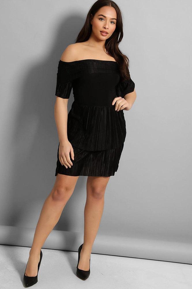 Macro Pleat Frills Off Shoulder Slinky Dress-SinglePrice