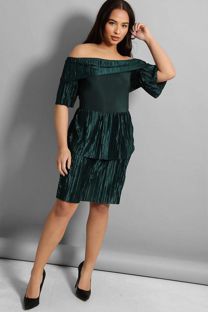 Macro Pleat Frills Off Shoulder Slinky Dress-SinglePrice